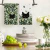 Artoid Mode Green Leaves Wild Flowers Black Cat Spring Kitchen Towels Dish Towels, 18x26 Inch Farmhouse Plants Decoration Hand Towels Set of 2