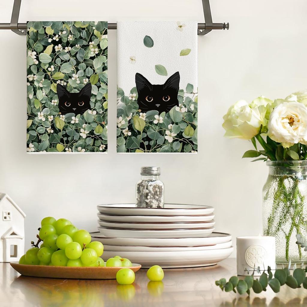 Artoid Mode Green Leaves Wild Flowers Black Cat Spring Kitchen Towels Dish Towels, 18x26 Inch Farmhouse Plants Decoration Hand Towels Set of 2