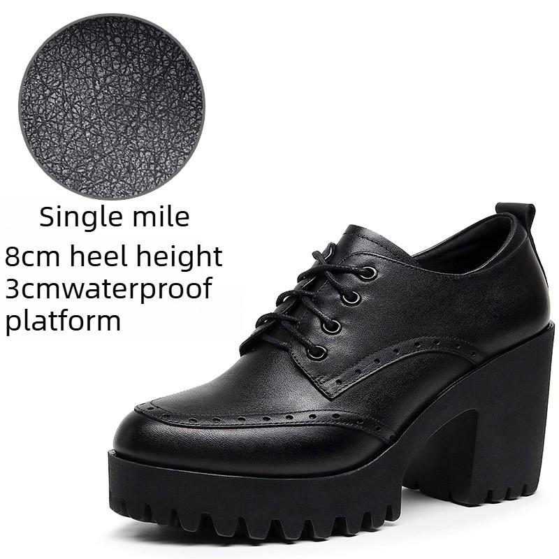 Brogue Damenschnürschuhe im britischen Stil aus Leder mit klobigen Absätzen, High Heels, wasserdichter Plateau-Sohle, runder Spitze, tiefem Ausschnitt