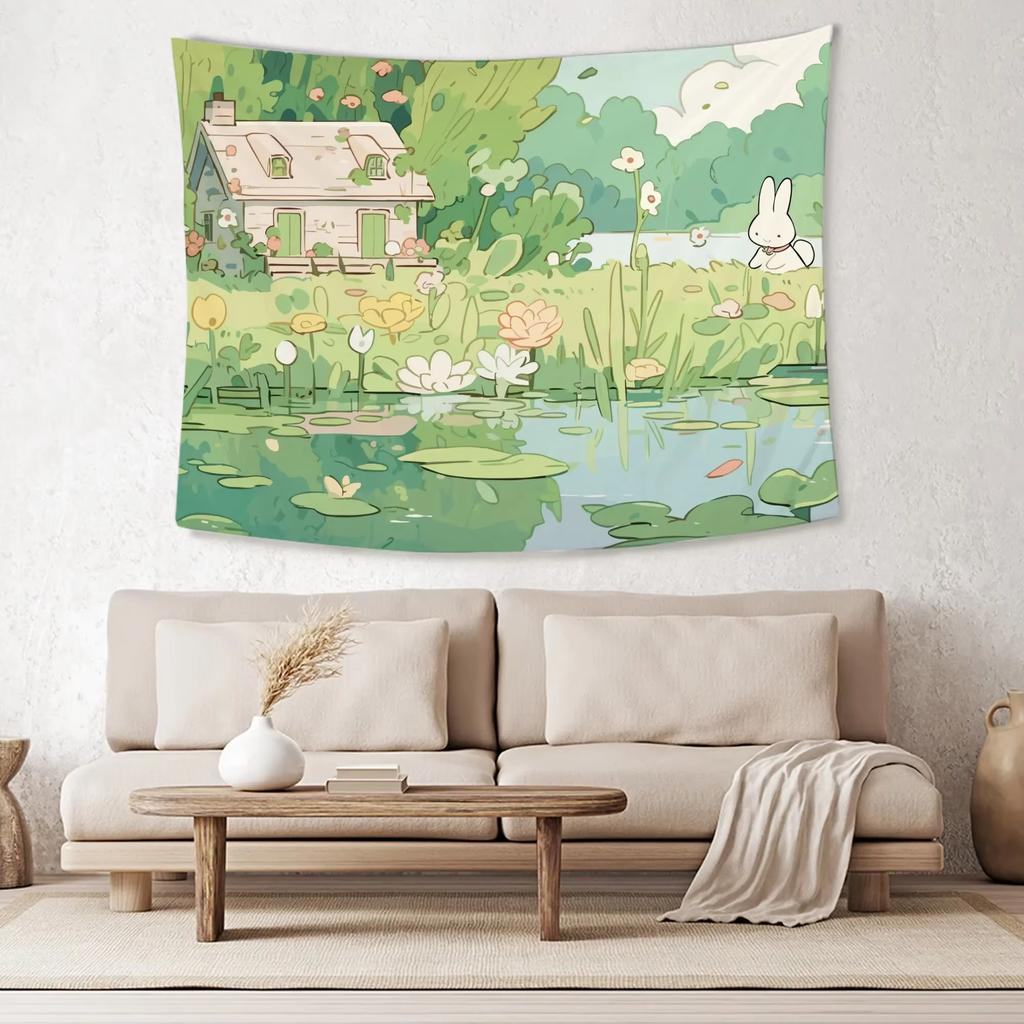 Forest Aesthetic Tapestry Kawaii Animals with Green Plants for Instagram Style Room Photo Wall Decor