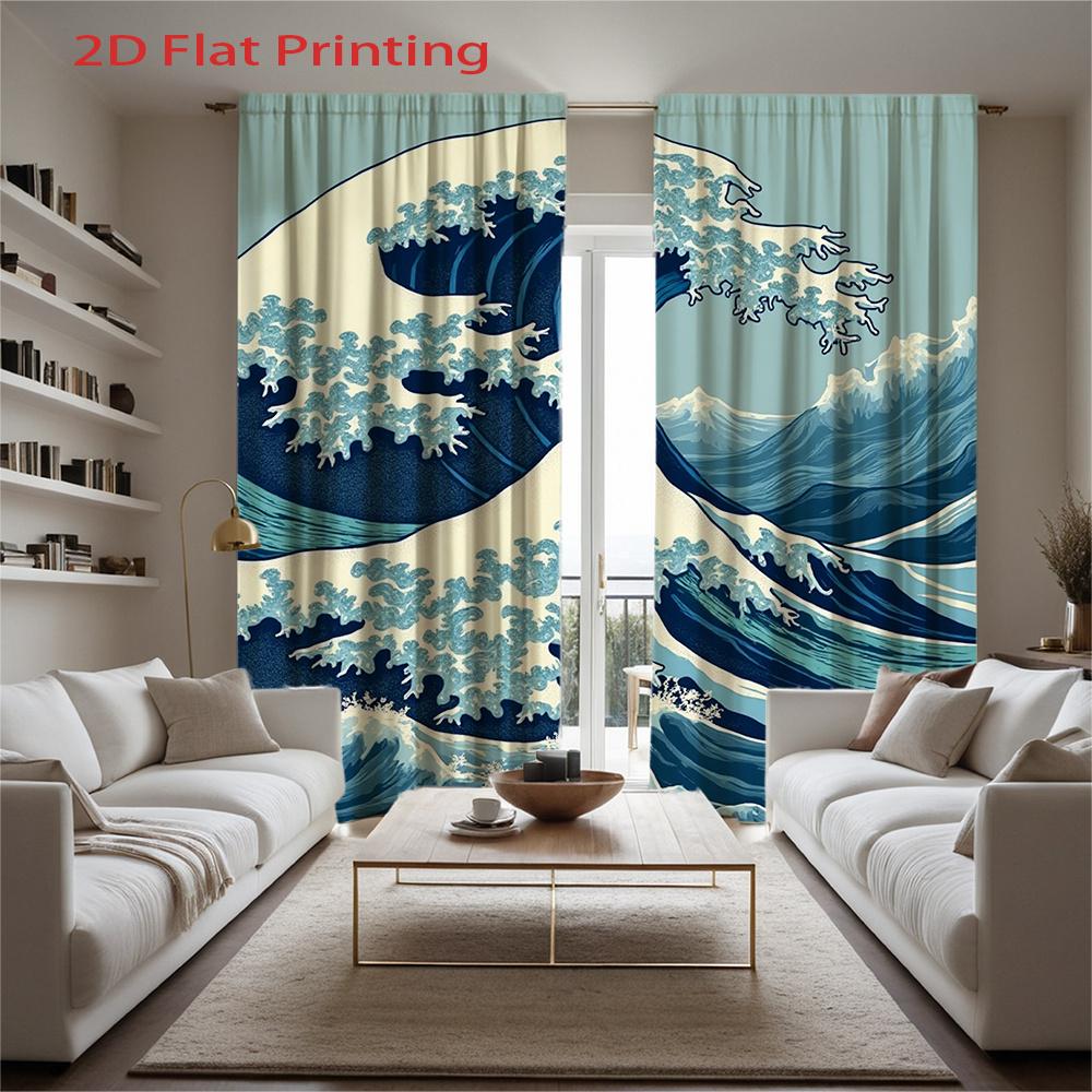 Set Of 2 Flat Printed Curtains Blue White Wave Pattern Bedroom Living Room Home Decor Ocean Style Rod Curtain Polyester Perfect For Area