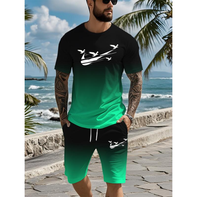 

Мужской летний комплект из двух предметов с градиентным рисунком и короткими рукавами, подходящий для повседневной носки, легкий и дышащий, с короткими рукавами 6XL