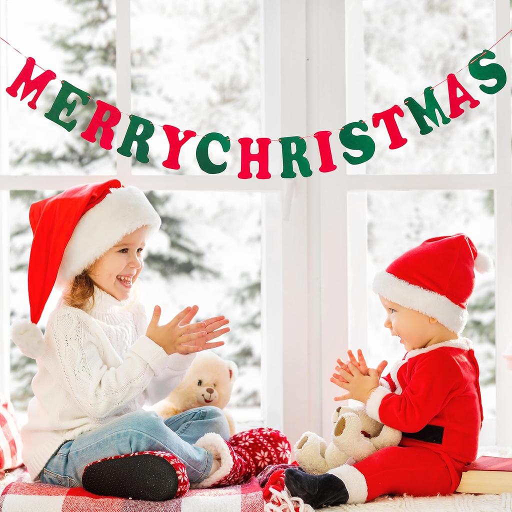 Merry Christmas Banner Red Green Wool Felt Garland Christmas Decorations Indoor Happy Holiday Decorations Cute Hanging Decor for Mantel Fireplace