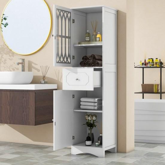 Bathroom Cabinet with Drawer Dual Doors 2 Compartments Adjustable Shelf Hollow Modern Freestanding Tall Floor Narrow Storage Cabinet