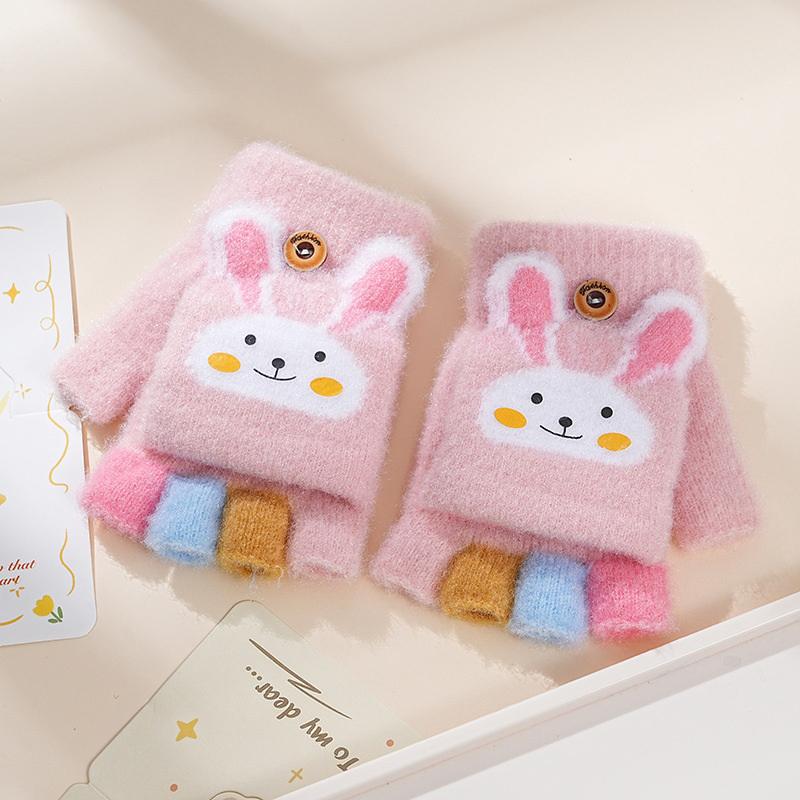 Winter Warm Kids Flip Cover Five Finger Goves Cartoon Bunny Children Knit Mitten Primary School Students Mountaineering Gloves