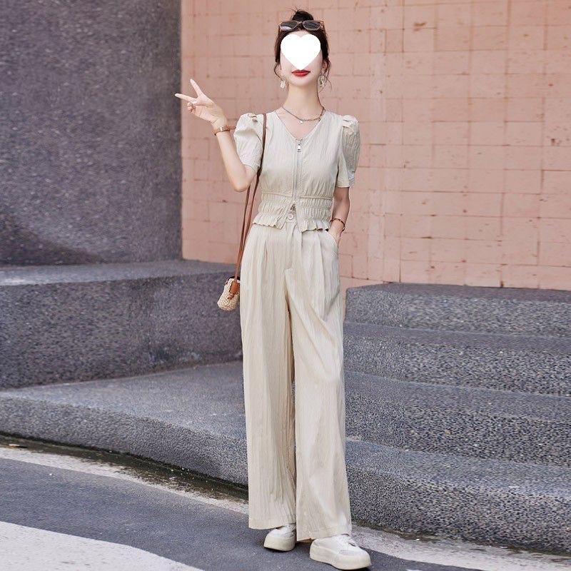 Xiaoxiangfeng Fashion Suit for Women, Summer Temperament, Street Casual, Age-reducing, Western-style Wide-leg Pants Two-piece Set