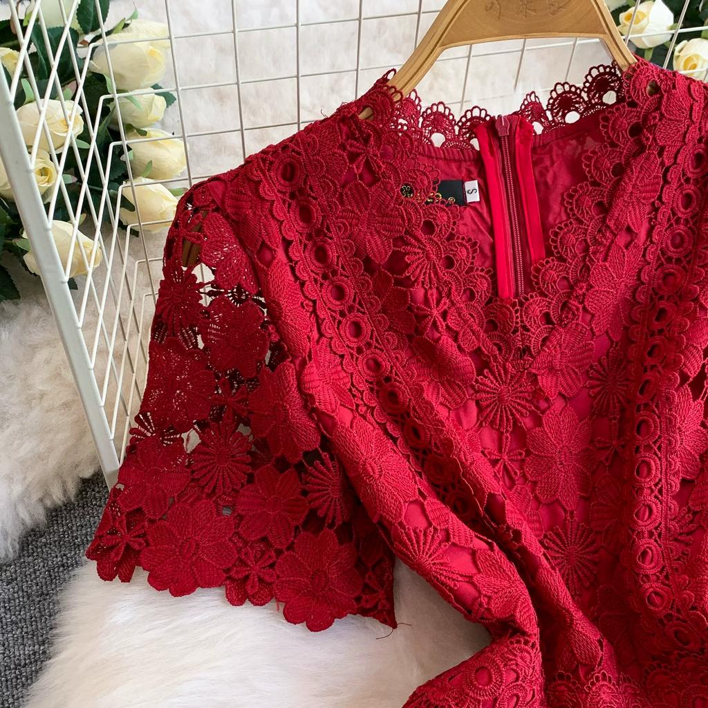 Summer Formal Evening Dress Women Hollow Out Crochet Lace Embroidery Party Long Dresses Female Short Sleeve Midi Dress