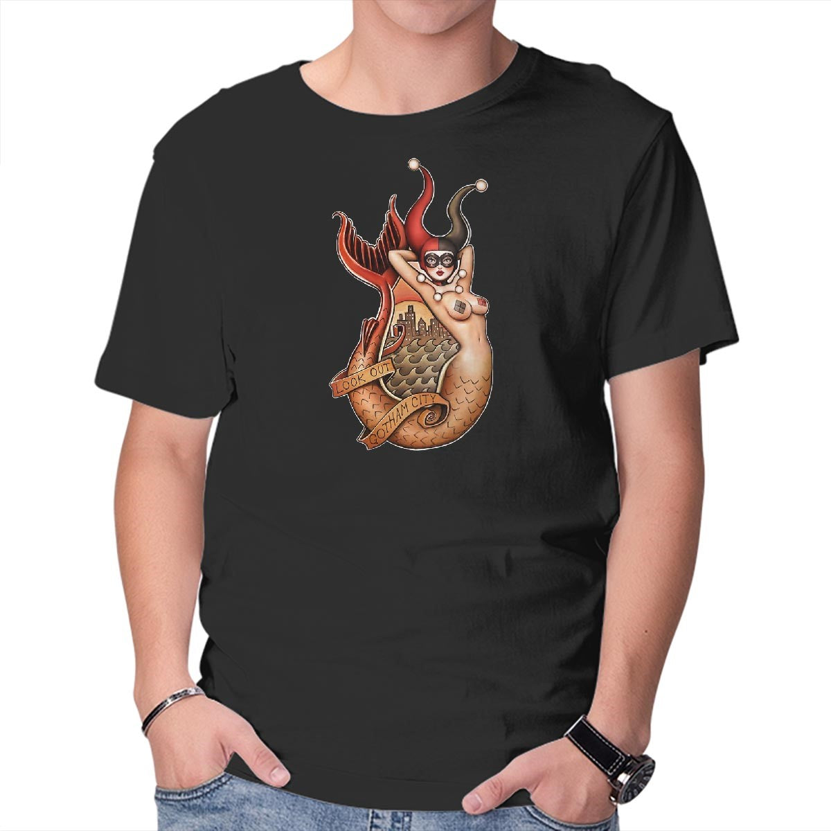 Unisex Crew Neck T-Shirt Old School Mermaid Trouble Graphic Short Sleeve Casual Tee XXXL
