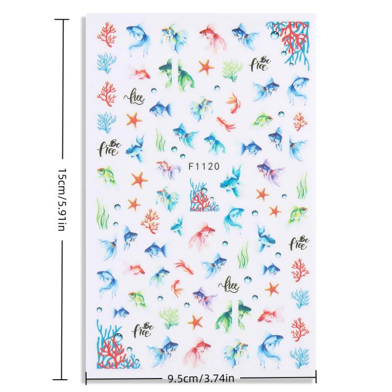 1 Sheet Holographic Jellyfish Dolphin Nail Art Stickers 3D Mermaid Ocean Shell Nail Decals Adhesive Ocean Beach Designs Nails