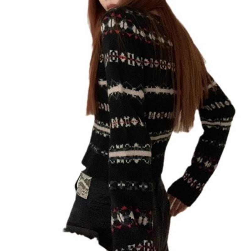 American retro knitted cardigan women's autumn and winter new design niche jacquard short sweater jacket