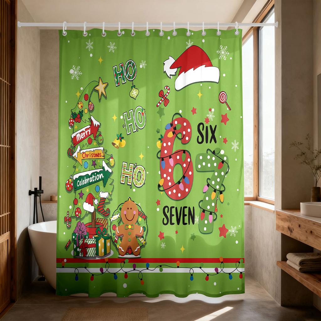 1pc green cartoon Christmas tree print waterproof shower curtain partition privacy hanging curtain with 12 hooks various sizes