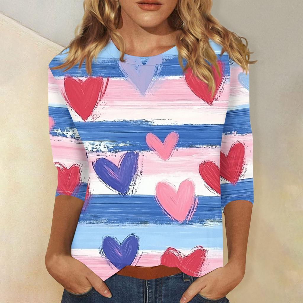 Women's Fashion Casual Round Neck Valentine's Day Love Heart Printed Three-quarter Sleeve T-shirt Top