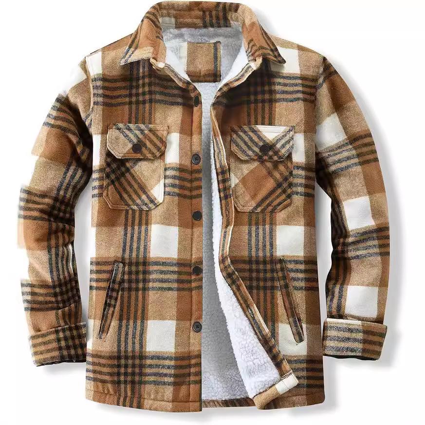 Men's Jacket Fleece Long-sleeved Lapel Plaid Shirt Men's Cotton Jacket