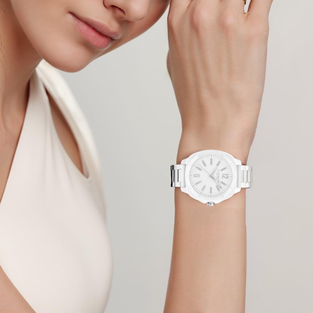 Coach Watch Quartz Movement Ceramic Strap 38mm White Dial Women's Watch 30 Meters Waterproof 14504407