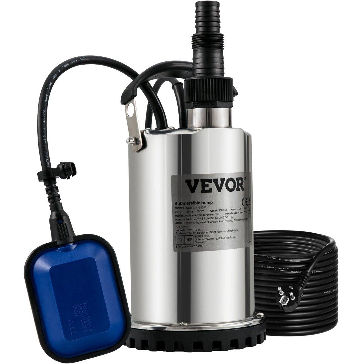 Tauchpumpe, 550W 9500L/H, m. 10 m Kabel und Automatik-Schwimmerschalter, Tragbar, Edelstahl für saubere, leere überflutete Bereiche,
