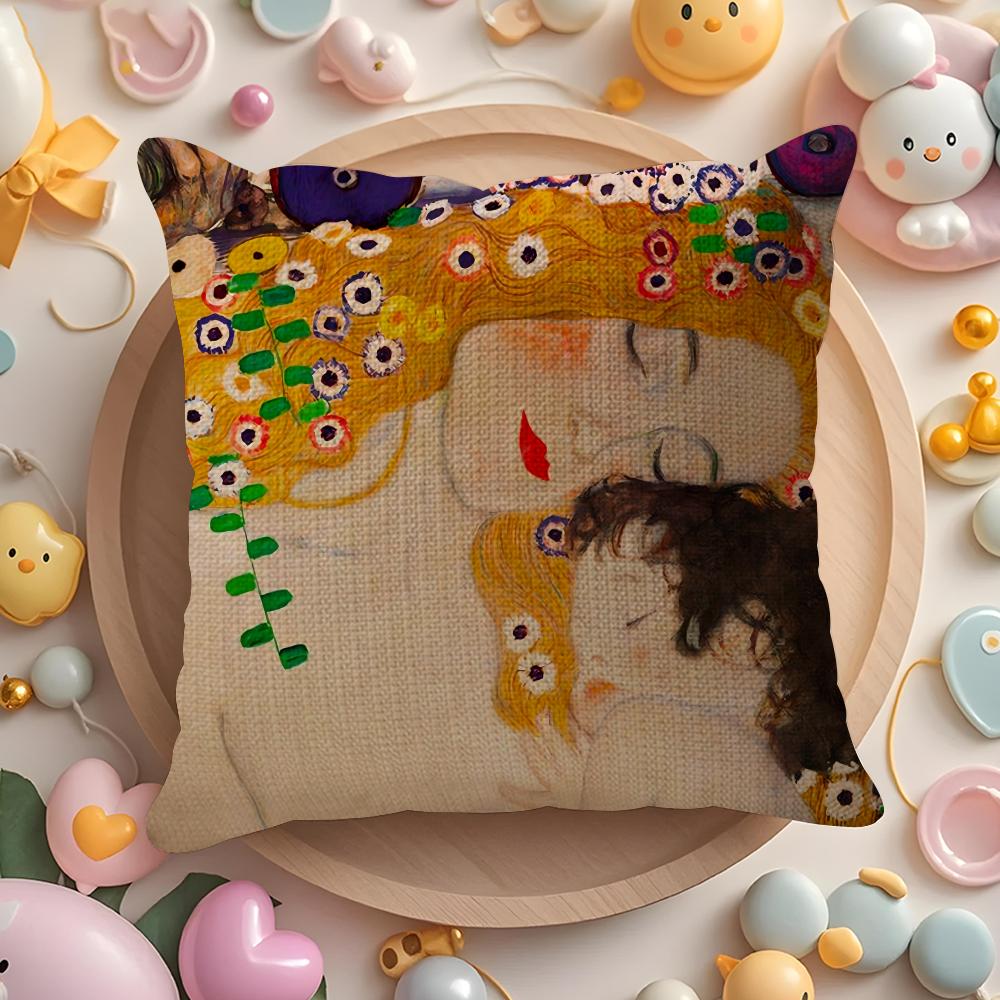 Gustav Klimt Oil Painting Cushion Cover Natural Linen Organic Fabric Double-Sided Printing Sofa Home Decor Gift Pillow Case