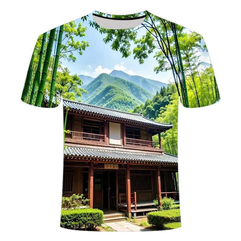 2024 summer new 3D printed short sleeved personalized creative trend bamboo forest series men's and women's round neck T-shirt