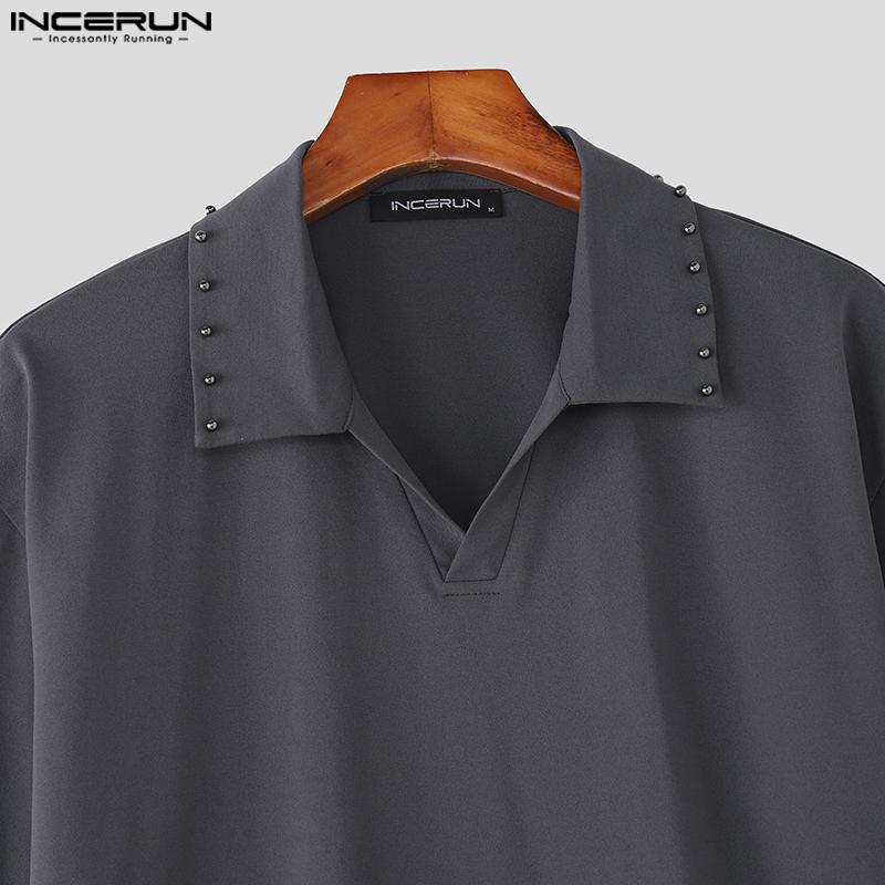 INCERUN Men Casual Turn-down Collar Short Sleeve Solid Color T-shirts
