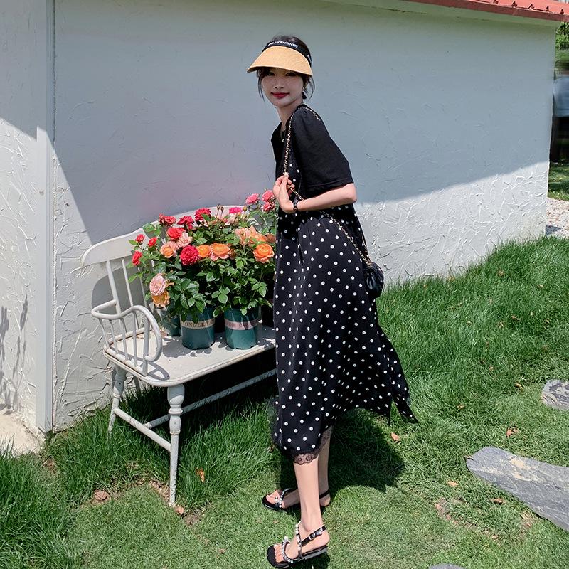 Abito a due pezzi con pois neri e patchwork, estate 2024 - Stile coreano, Vestibilità ampia e slim, Dolce gonna lunga per donna