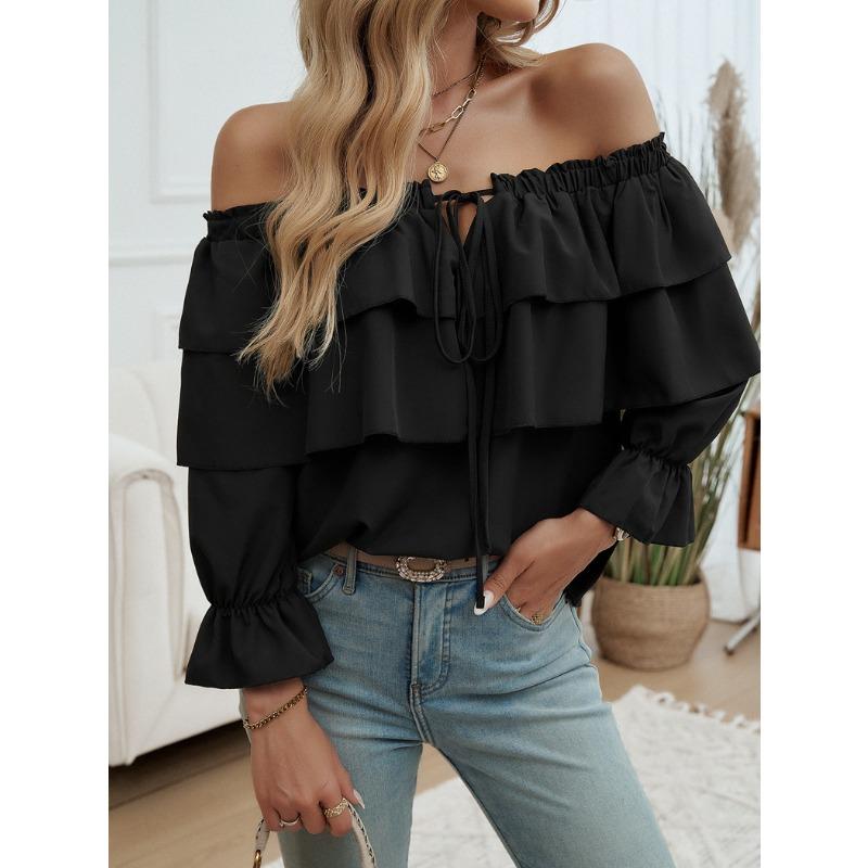 Women's Loose Drawstring Off Shoulder Lantern Sleeve Top