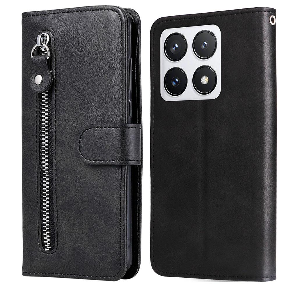

For Xiaomi 14T Pro Case Zipper Wallet Calf Texture PU Leather Phone Cover Black