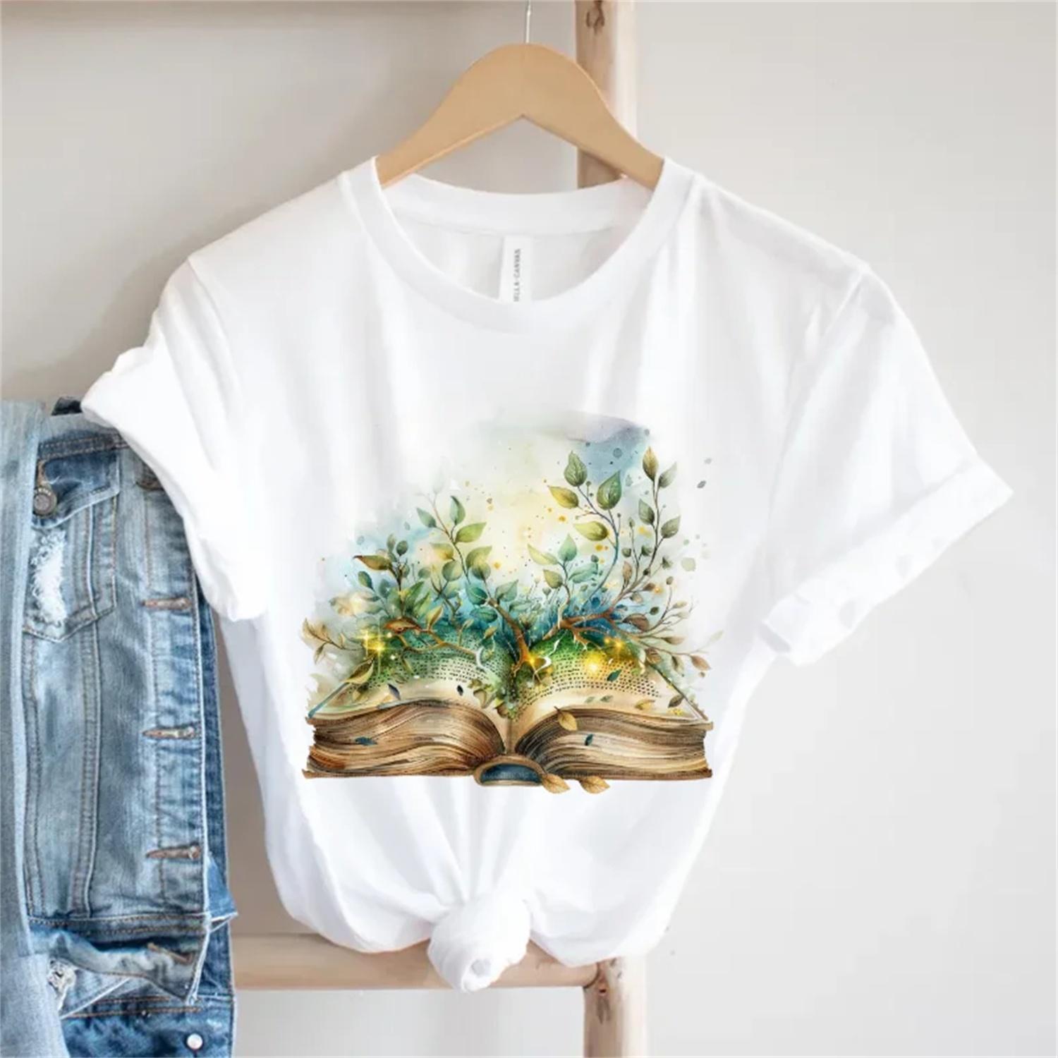2025 Women s T-Shirt Watercolor Cute Plant Book Pattern Short Sleeve Beautiful Printed Women s Printed 90s Fashion Style Top S