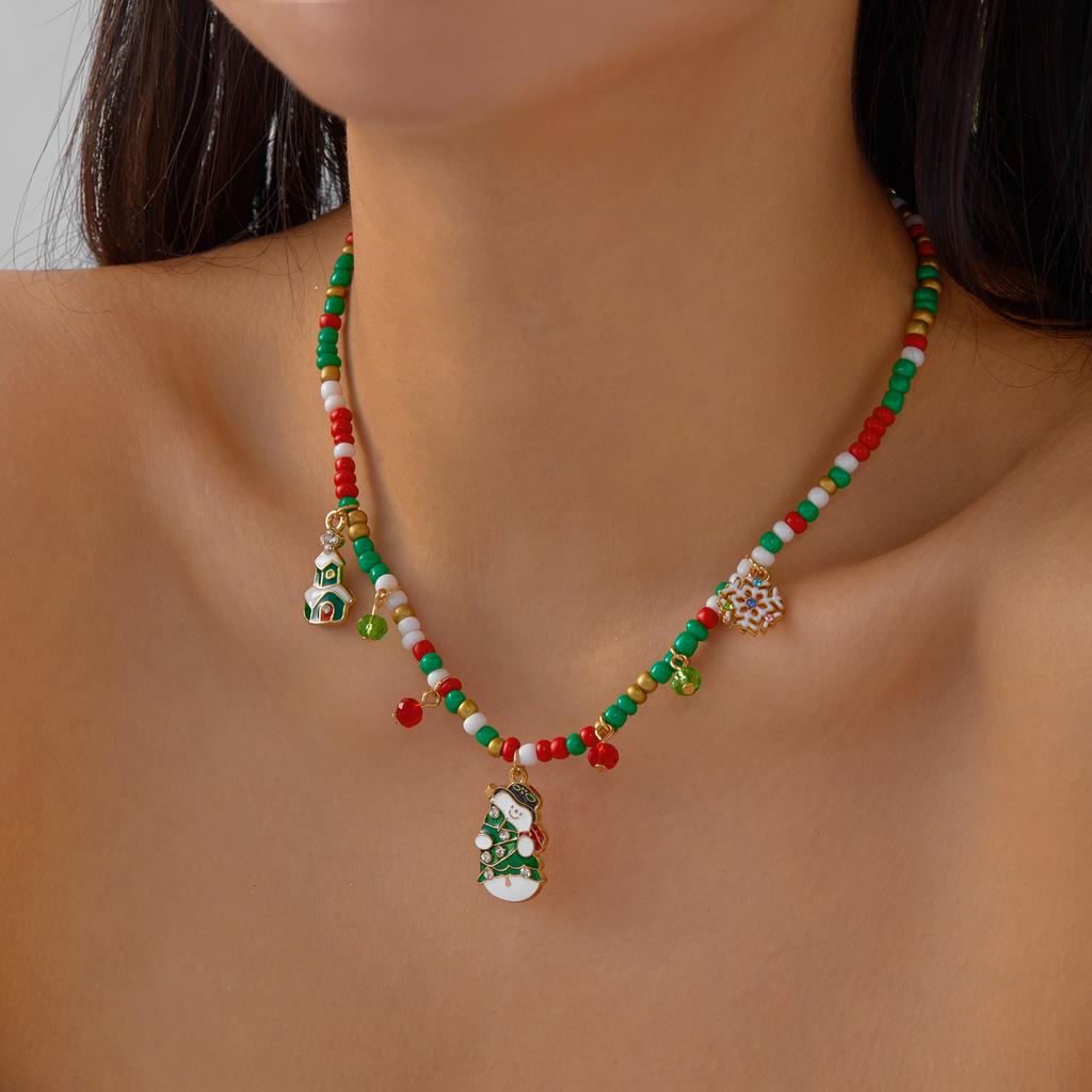 Merry Christmas Colorful Rice Beads Necklace For Women Girls Santa Claus Snowman Christmas Tree Pendant Clavicle Choker Jewelry