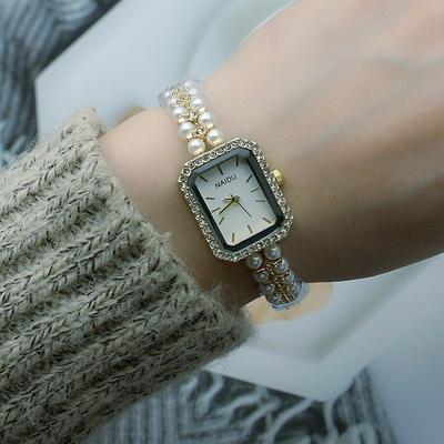 Fashion Square Women Watch Movement Retro Small Dial Ladies Vintage Shell Pearls Chain Quartz Wristwatch Female Relogio Feminino
