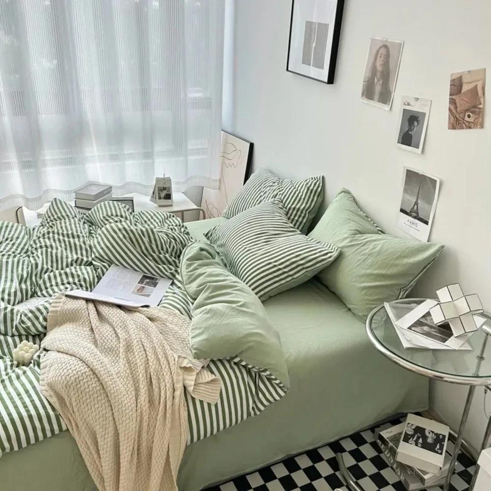 3/4PCS Striped Plaid Duvet Cover Set with Sheet 2Pillowcases Soft Skin Friendly No Filling Warm Twin Full Queen Size Bedding Set