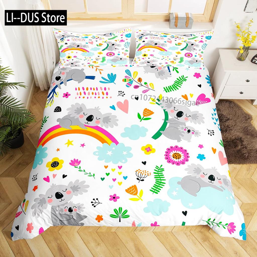 Kawaii Koala Bedding Set Full Size For Kids Boys GirlsCartoon Animal Comforter Set Quilt Duvet Green Leaves Bedroom Decor 3pcs