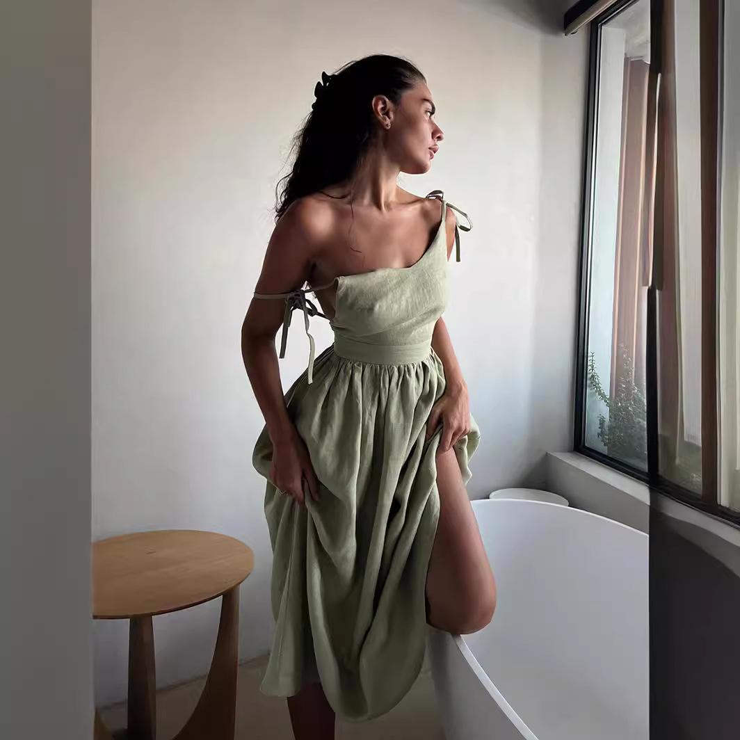 

2024 Элегантное европейское и американское хлопковое платье с V-образным вырезом, открытой спиной, на шнуровке, на бретелях-спагетти для женщин XL