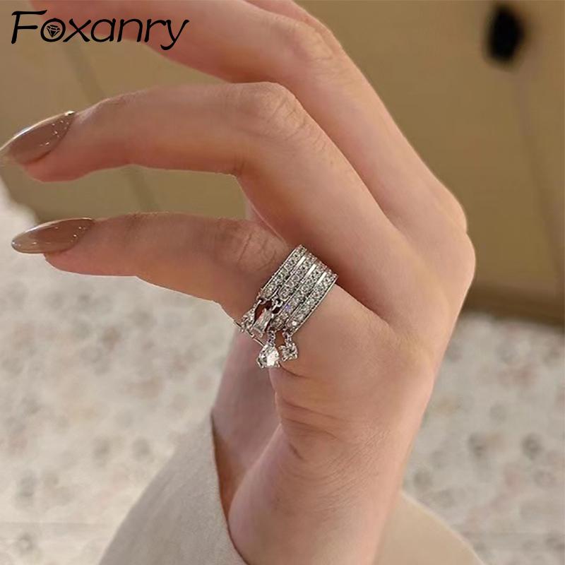 Foxanry Silver Color Sparkling Zircon Cuff Rings For Women Girls Fashion Personality Simple Temperament Engagement Jewelry Gifts