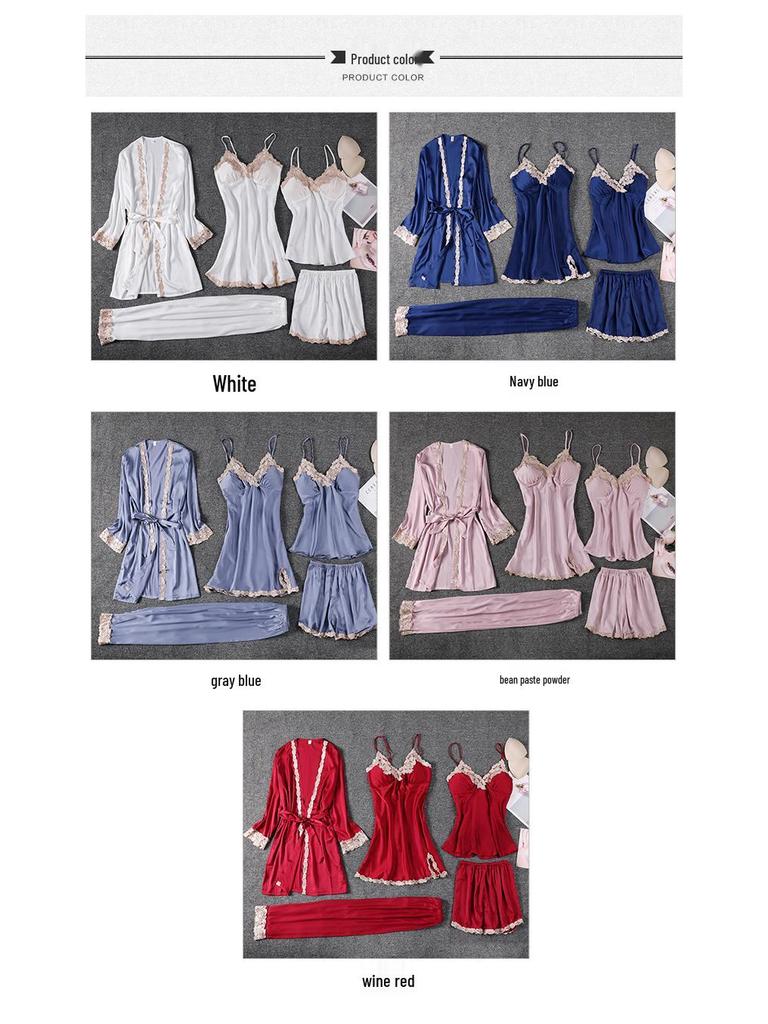 Women’s Ice Silk Pajama Set - 5-Piece: Robe, Camisole, Silk Bottoms, Chest Pads - Lightweight, Sexy, All-Season Home Wear