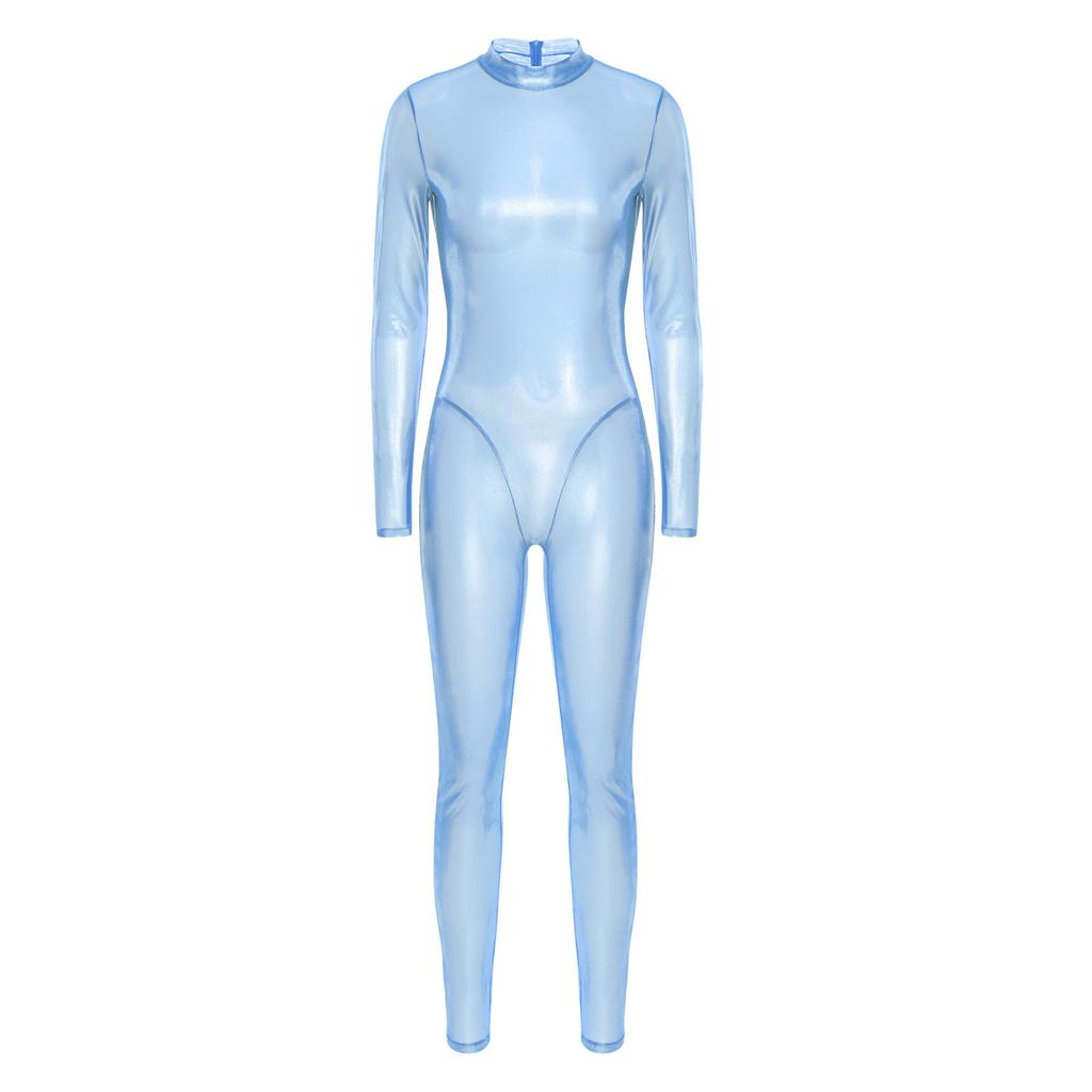 Dame Glinsende Metallisk Helkropps Unitard Langermet Høy Midje Leggings Stil Ryggglidelås Kattedrakt