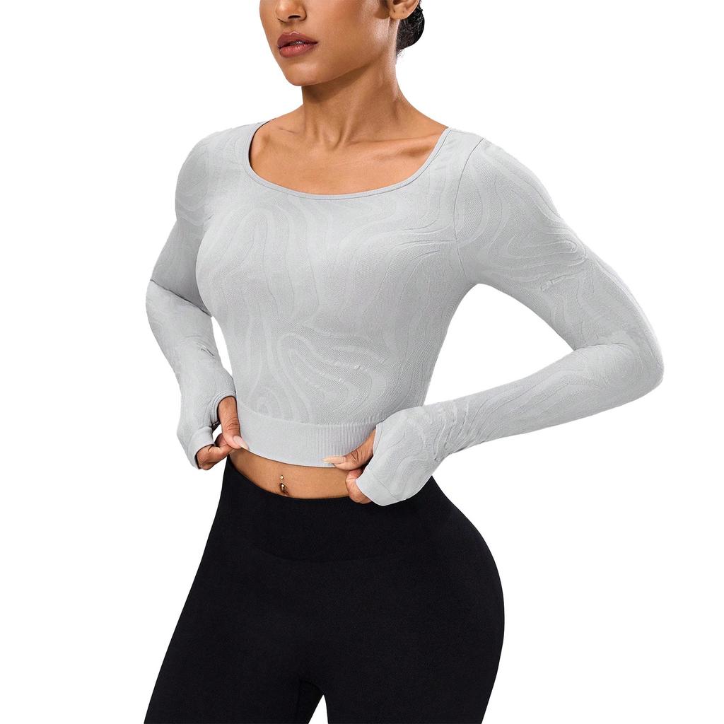 Solid Color Long Sleeve Seamless Knit Yoga Top for Outdoor Sports & Fitness
