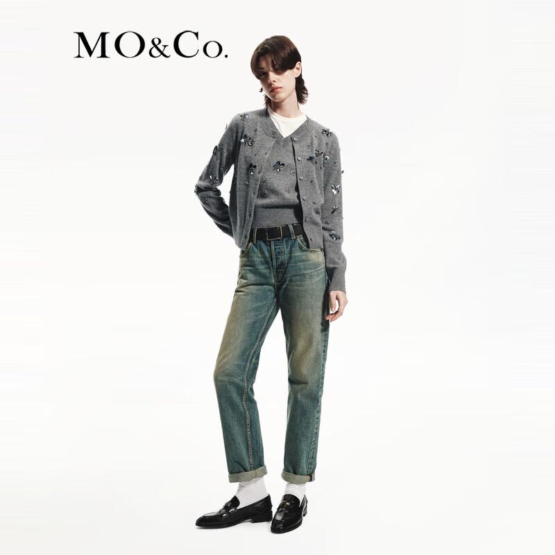 MO&Co. 100% Merino Wool Hand-Beaded Short Knitted Cardigan