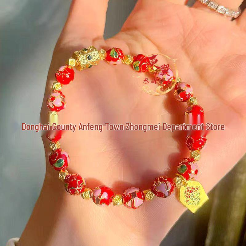 Zha Jilamu Women s Gold Leaf Filigree Bracelet with Red Cloisonné Enamel Blooming Flowers Polished