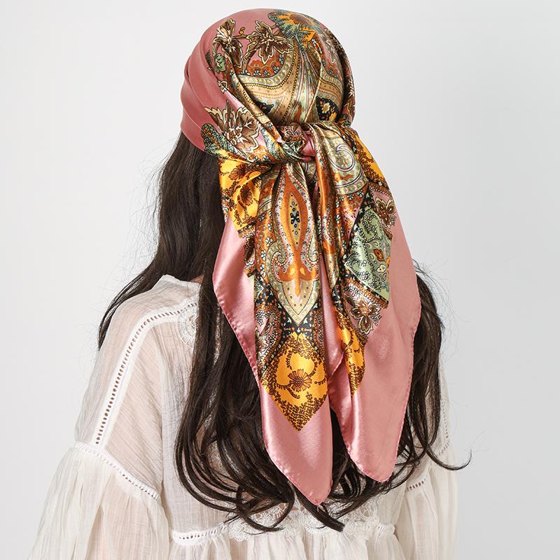 90*90cm Women Hijab Satin Square Scarf Paisley Cashew Print Silk Scarf Neckerchief Shawl Wraps Headband Hair Accessories Bandana