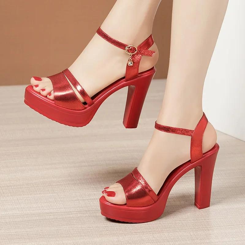Small Size 32-43 Red Silver Wedding Shoes Women Block High Heels Summer 2025 Elegant Chunky Platform Sandals for Office Model