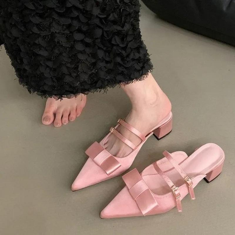 

Fashion Spring Summer Pointed Toe Women Muels Slippers Fashion Butterfly-knot Thick Heels Party Dress Shoes Buty Damskie Scarpe Da Donna 35 розовый