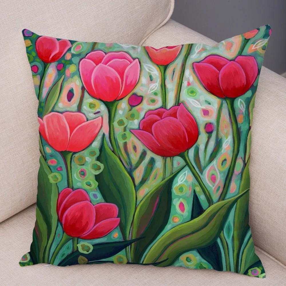 Nordic Watercolor Flower Pillowcase Soft Plush Decor Cartoon Floral Plant Cushion Cover for Sofa Home Children Room Pillow Case