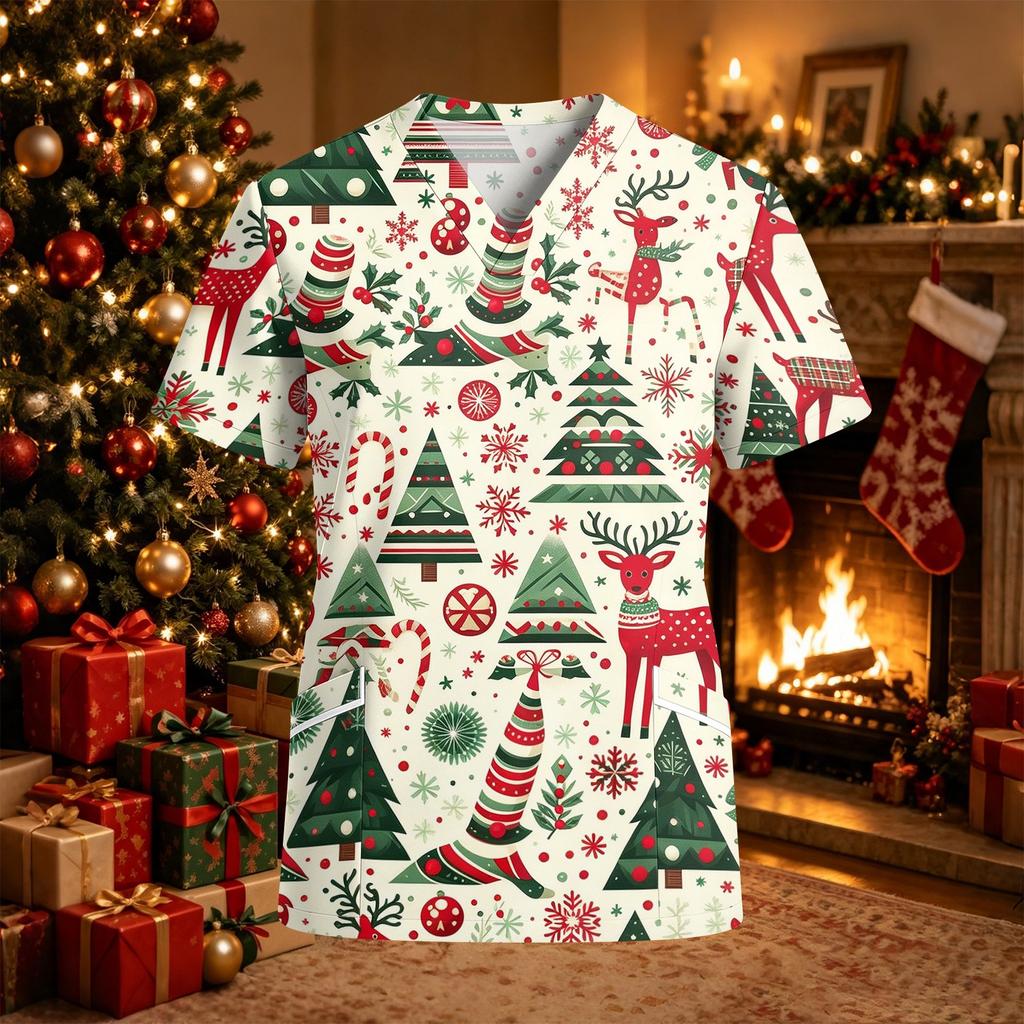 Women's Christmas Print Scrub Top V-Neck Short Sleeve Loose Fit with Pockets