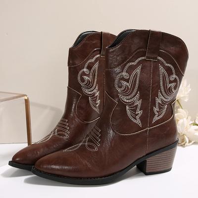 Fashion Classic Embroidered Western Boots Women Retro Pointed Toe Chunky Heeled Cowboy Booties Woman Comfy Brown Pu Leather Ankle Boots