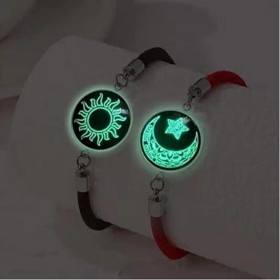 Braccialetti Luminosi Sole Luna per Coppia, Braccialetto in Pelle Luminescente al Buio per Amanti