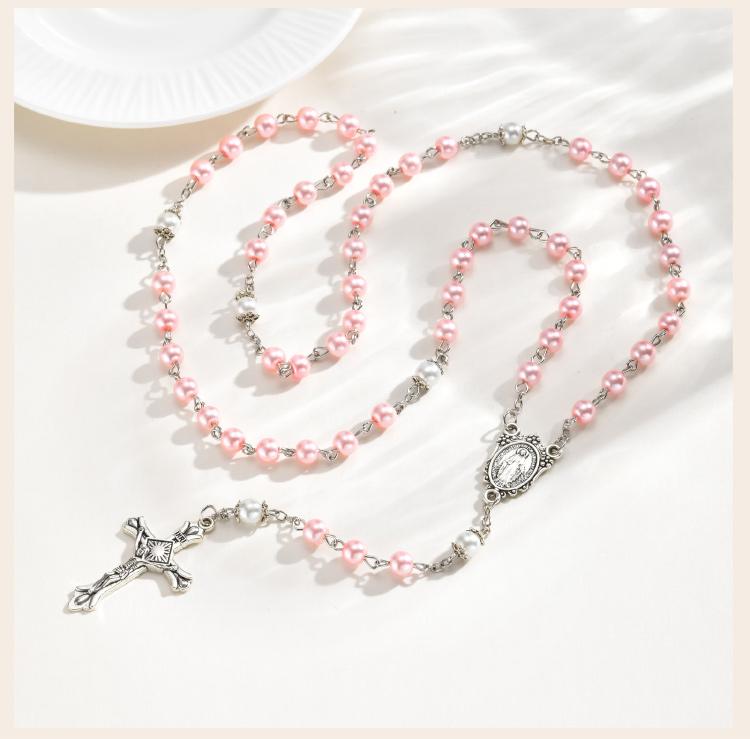 Collana Rosario Perla Rosa Perline di Preghiera Cattoliche Medaglia Vergine Maria Collana con Croce Religiosa per donne Gioielli Religiosi Regalo