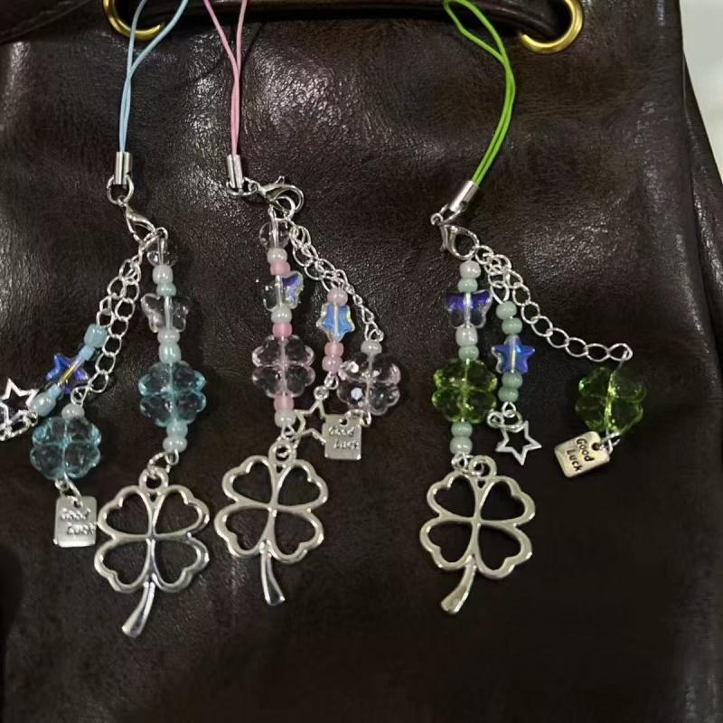 Cute Four Leaf Clover Keychain Bag Earphone Cover Pendant Decoration Kawaii Mobile Phone Lanyard Home Decoration Accessories