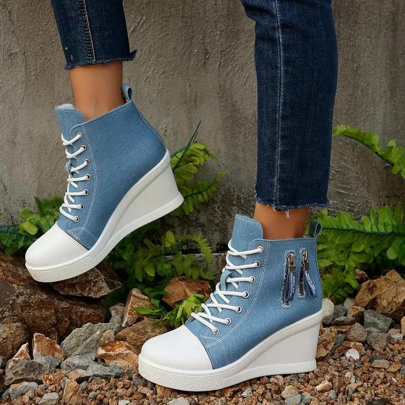 Fashion Fashion Denim Blue Canvas Shoes Women 2025 Autumn Metal Zip Decoration Lace Up Wedge Heel Pumps Casual High Heel Ankle Shoes