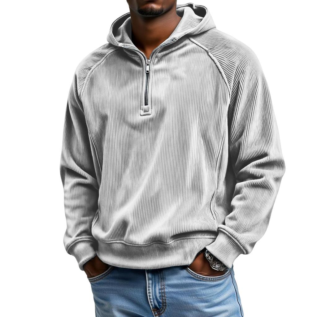 Men's  Leisure  Corduroy  Shoulder  Insertion  Half   Zipper  Hooded  Hood  Hoodie