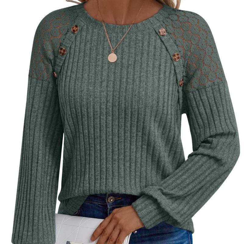Long Sleeves Women's Round Neck Solid Color Hollow Button Long Sleeve Casual Splicing Top