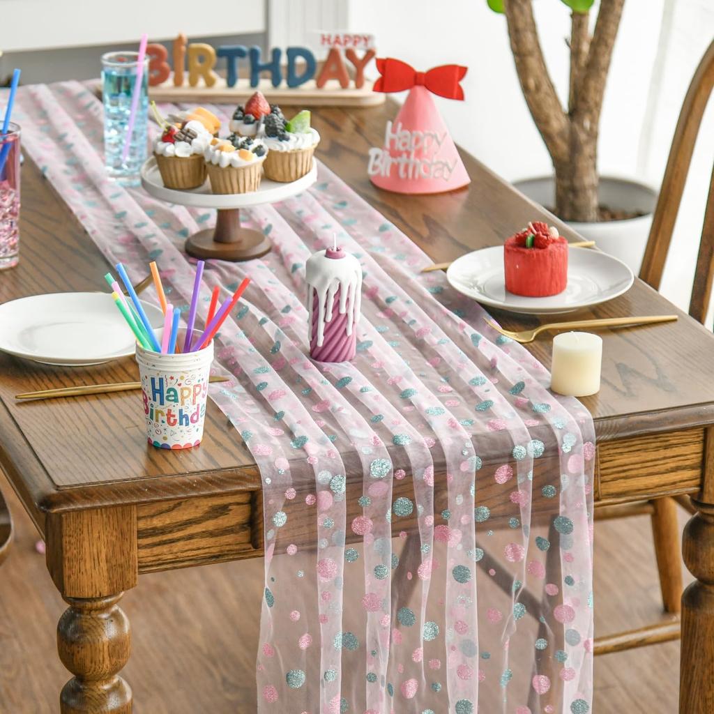 Artoid Mode Blue Polka Dots Pink Gauze Table Runner 120 Inch 10FT, Seasonal Sheer Dining Holiday Wedding Birthday Baby Shower Table Decor for Home